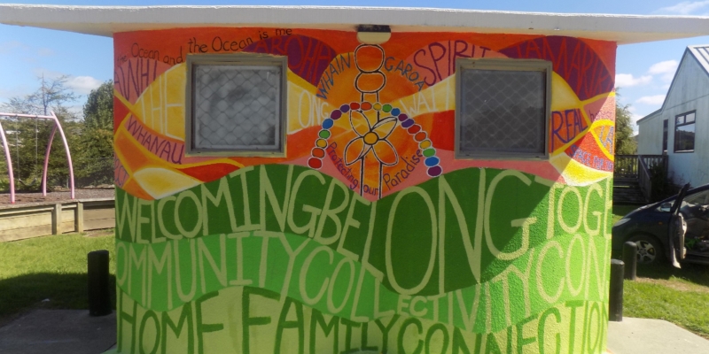 positive vibes, colourful, landscape, energy, affirmation words, community spirit, resenes paints, whangaroa