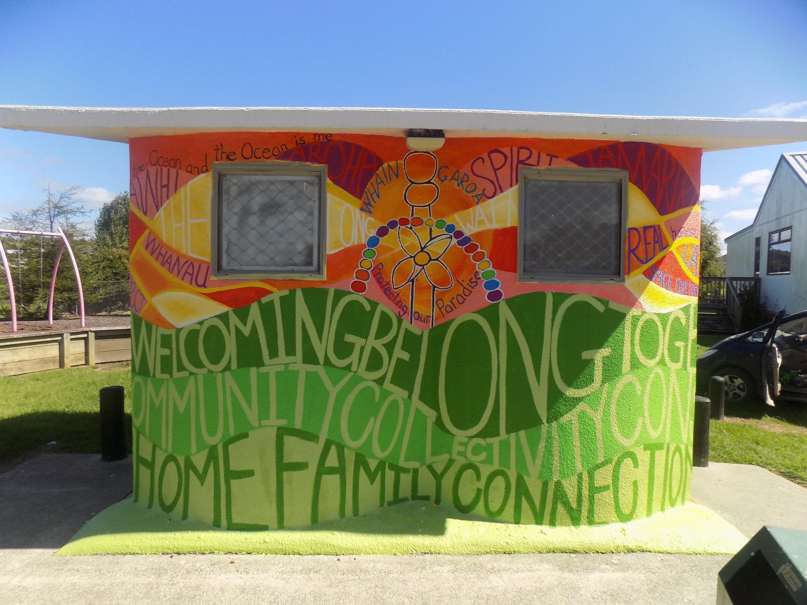 positive vibes, colourful, landscape, energy, affirmation words, community spirit, resenes paints, whangaroa